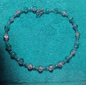 Pink aqua blue handmade cracked glass beaded wire necklace